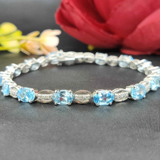 Oval Swiss Blue Topaz Tennis Bracelet, 925 Sterling Silver, December Birthstone, Bridal Jewelry