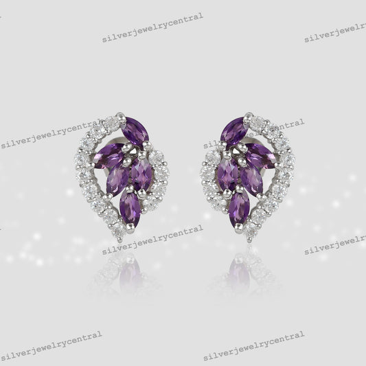 Marquise Amethyst Stud Earrings, 925 Sterling Silver, CZ Accents, February Birthstone