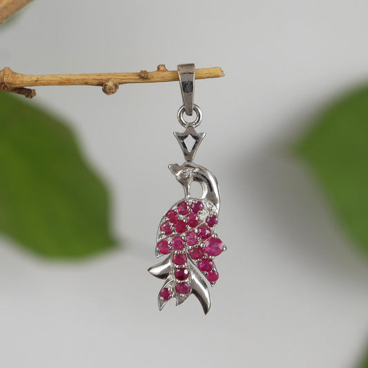 Ruby Peacock Pendant: Sterling Silver Bird Necklace, July Birthstone