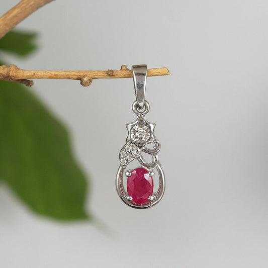 Oval Ruby Pendant: Sterling Silver Diamond Necklace, July Birthstone