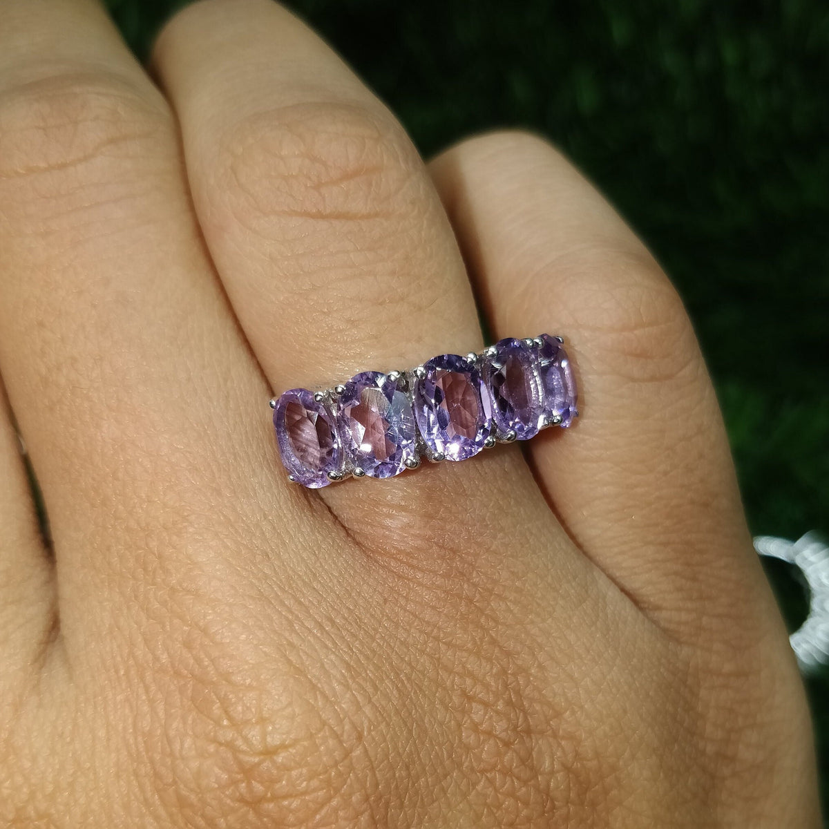 Amethyst Sterling Silver Ring: February Birthstone Oval Half Eternity Band