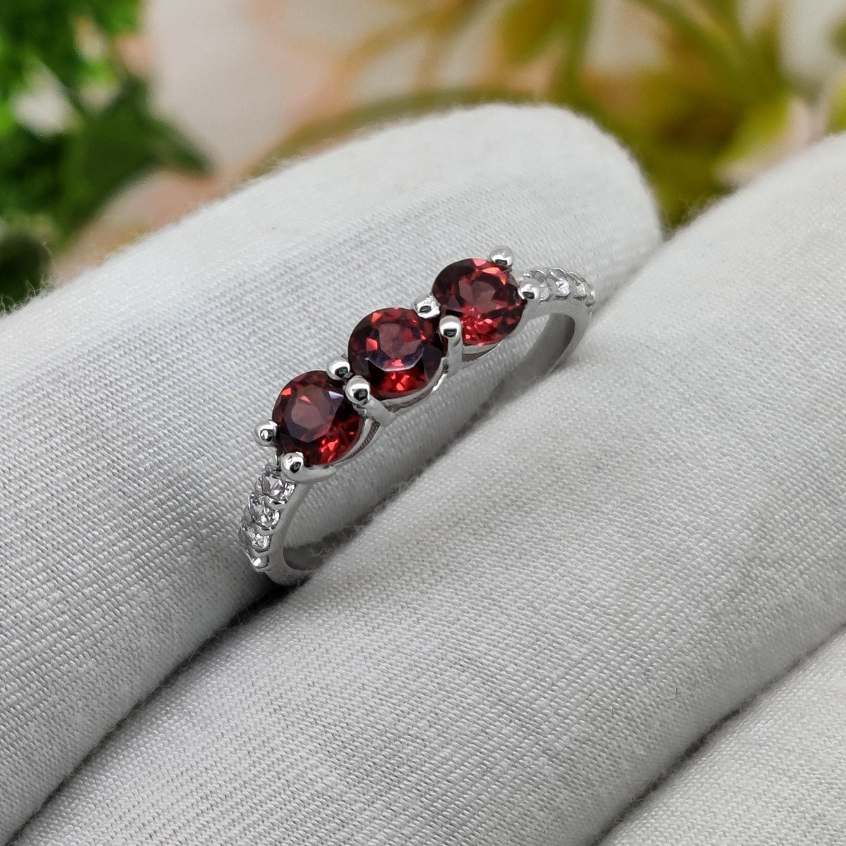 Natural Garnet Ring: Silver Handmade Stacking ring, Round Gemstone
