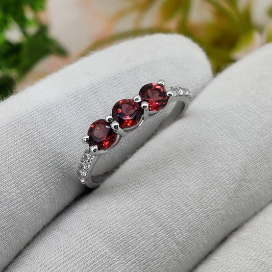 Natural Garnet Ring: Silver Handmade Stacking ring, Round Gemstone