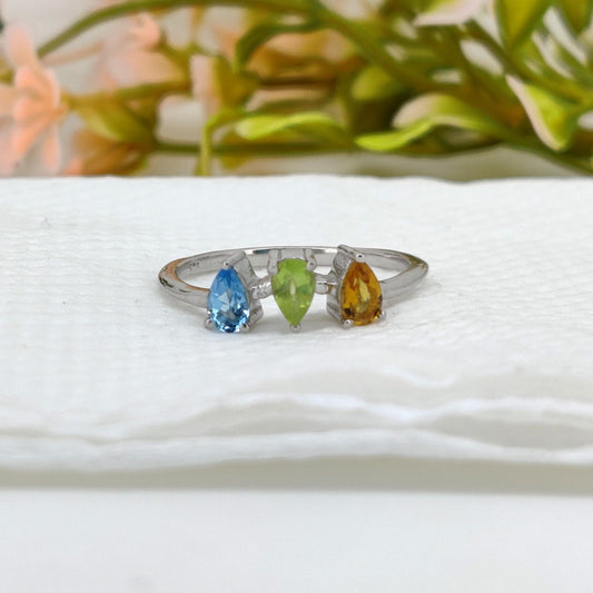 Multi Stone Silver Ring: Blue Topaz - Citrine - Peridot Handmade Gemstone Ring