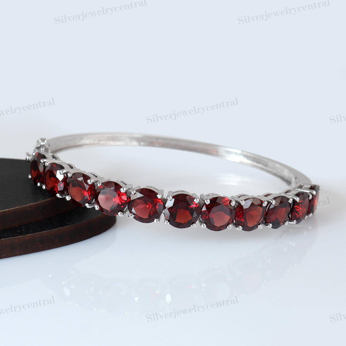 Minimalist Garnet Bangle, Sterling Silver Red Gemstone Bracelet, January Birthstone Jewelry