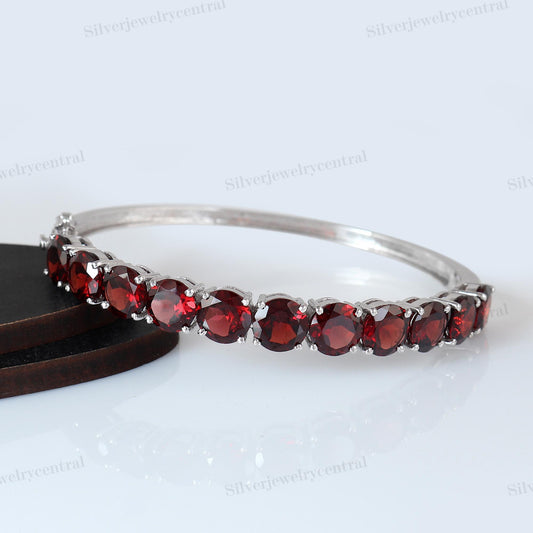 Minimalist Garnet Bangle, Sterling Silver Red Gemstone Bracelet, January Birthstone Jewelry