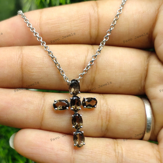 Smoky Quartz Cross Pendant Necklace: 925 Sterling Silver, June Birthstone