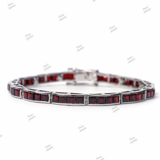 Square Garnet Tennis Bracelet, 925 Sterling Silver, Anniversary Gift