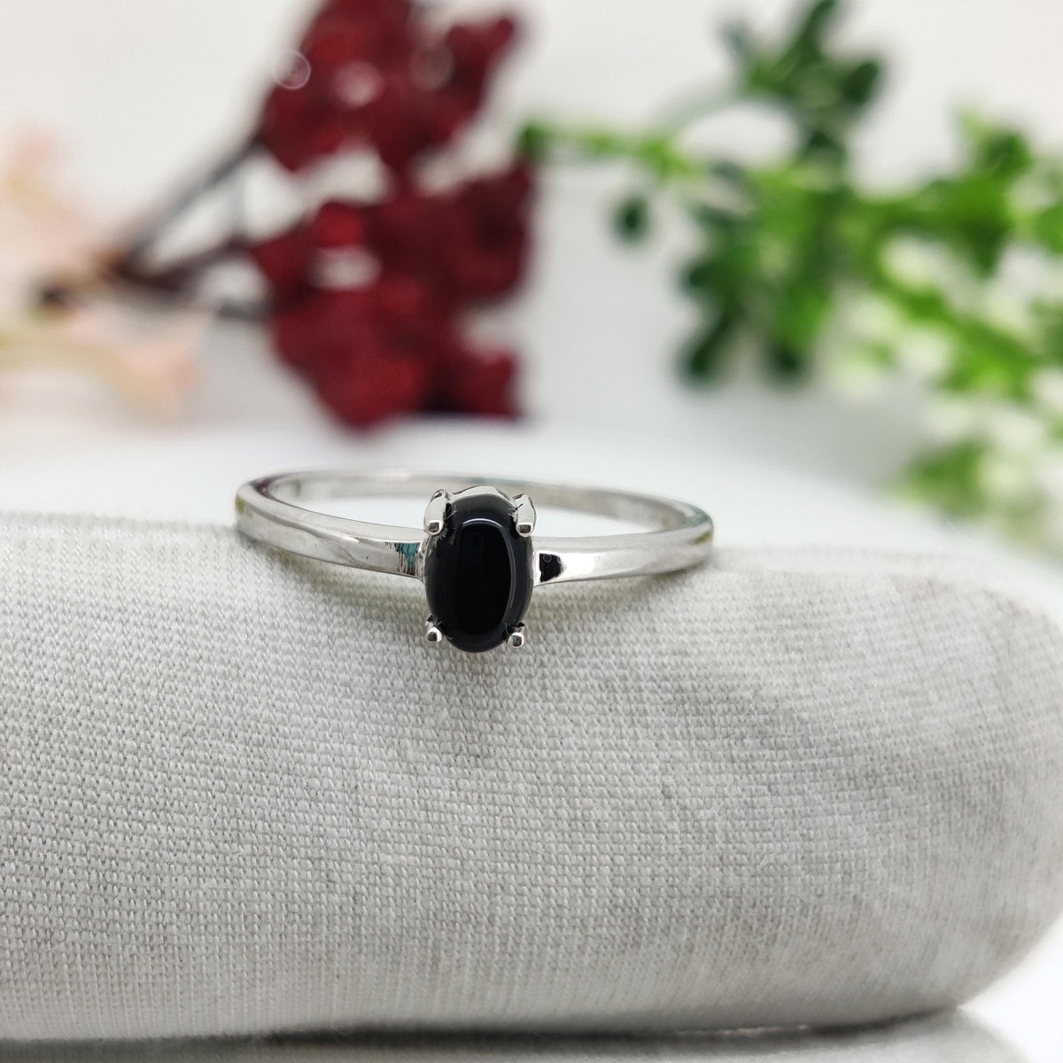 Black Onyx Ring, 925 Sterling Silver, July Birthstone, Oval Gemstone Band, Anniversary & Birthday Gift