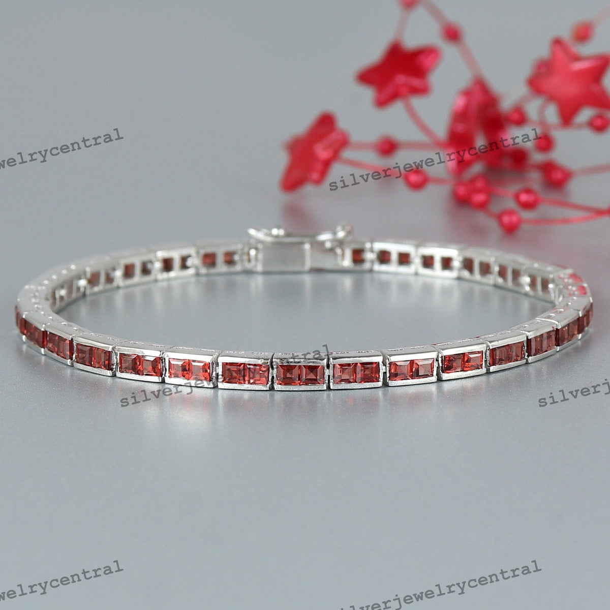 Garnet Tennis Bracelet: Sterling Silver, Square Cut January Birthstone