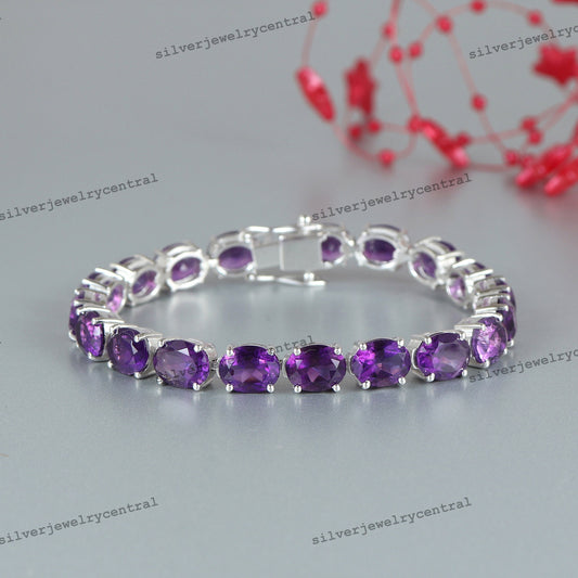 Natural Amethyst Tennis Bracelet, 925 Sterling Silver, Oval Cut Gemstone, February Birthstone