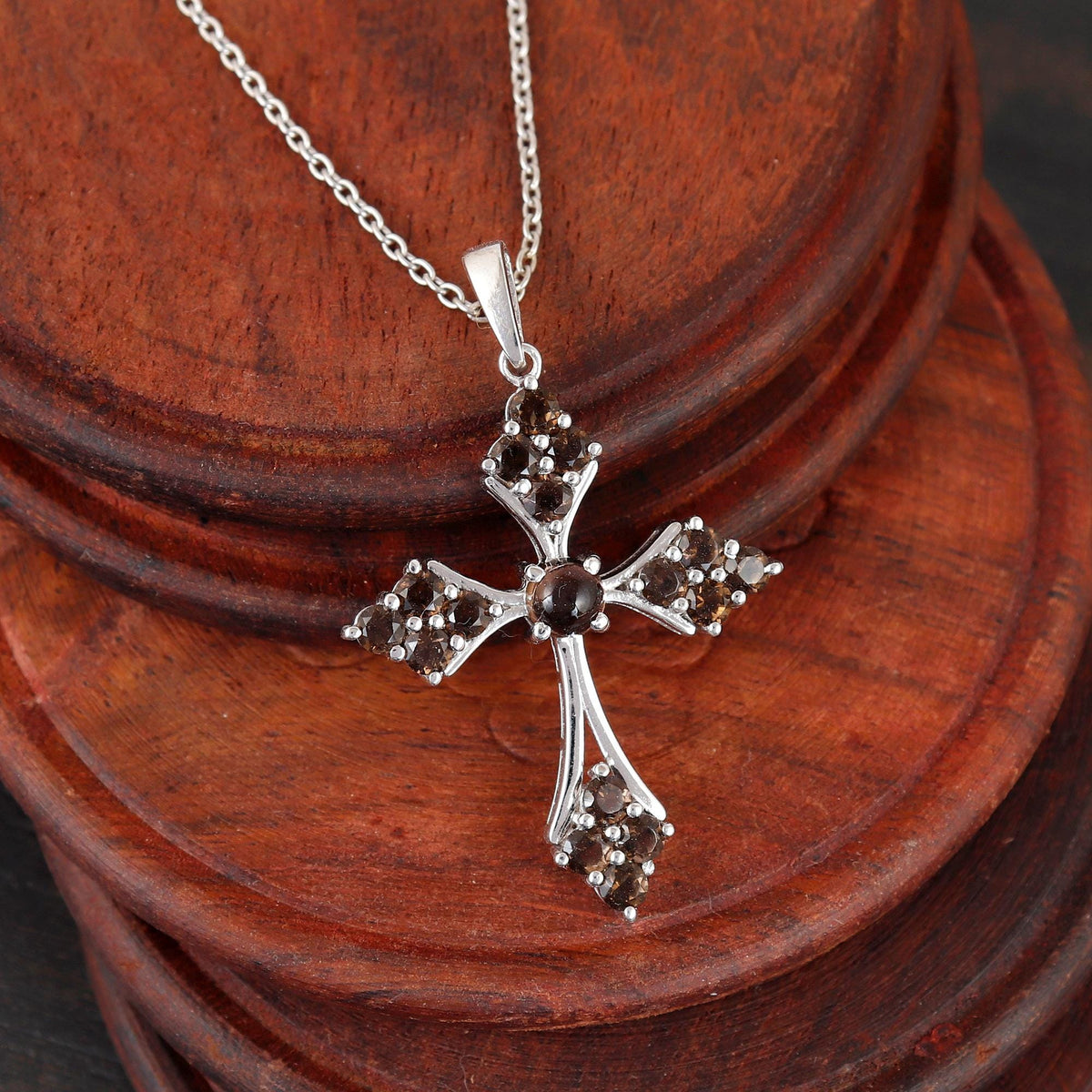 Smoky Quartz Cross Pendant Necklace Sterling Silver Holy Jewelry New Year
