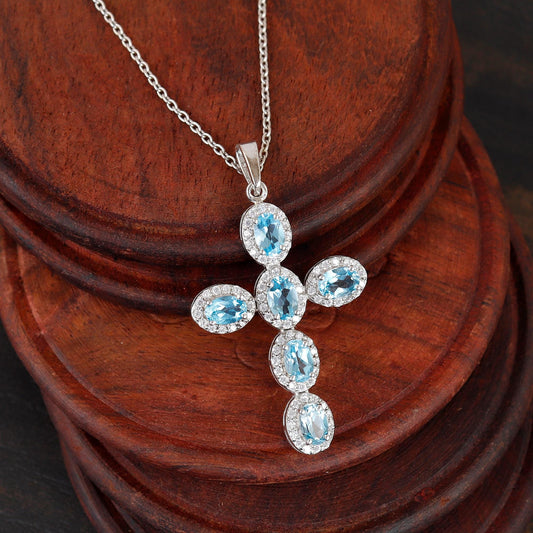 Blue Topaz Cross Handmade Necklace Silver Holy December Birthstone