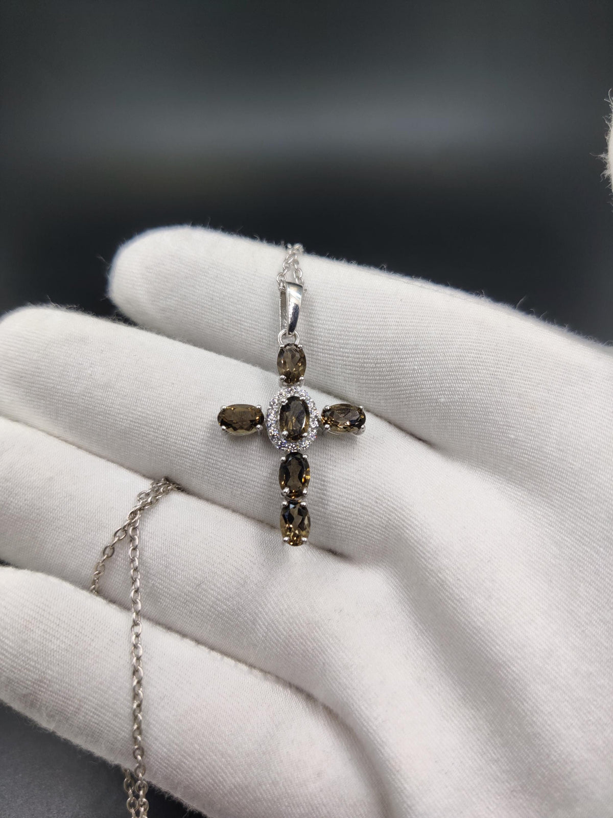 Gothic Smoky Quartz Pendant Necklace: 925 Sterling Silver, CZ Diamond
