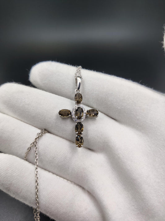 Gothic Smoky Quartz Pendant Necklace: 925 Sterling Silver, CZ Diamond