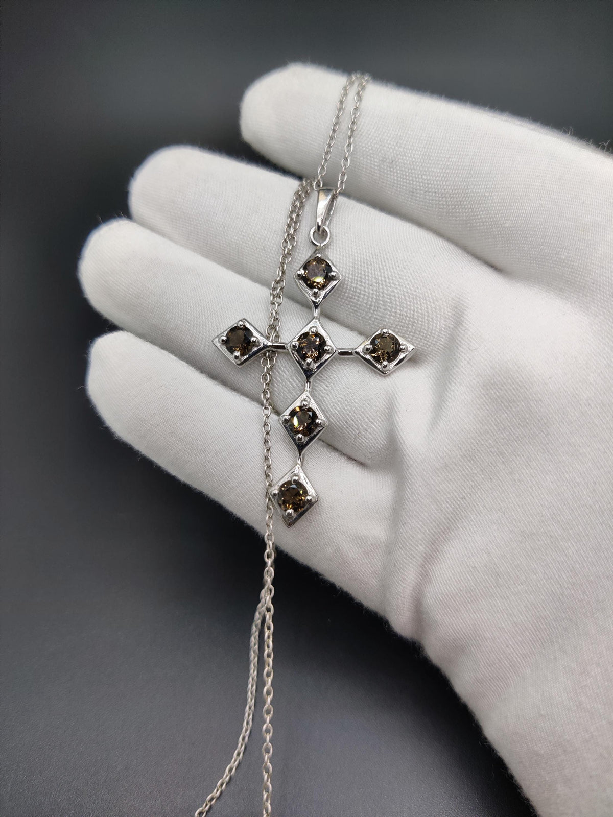 Smoky Quartz Sterling Silver Cross Pendant Necklace