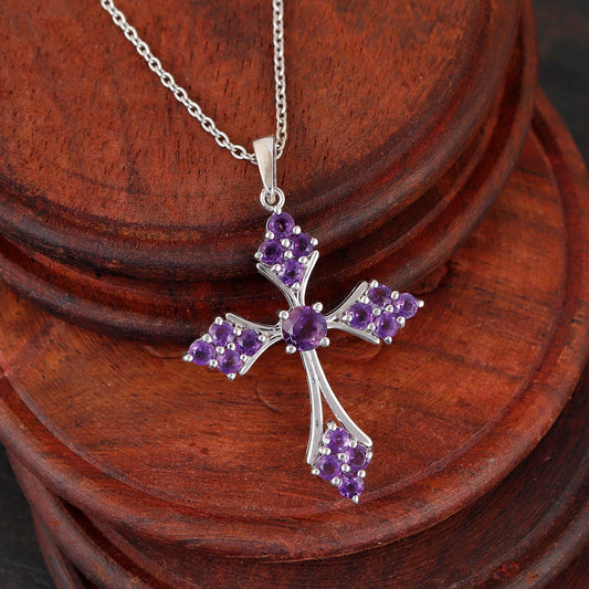 Amethyst Cross Pendant Necklace Sterling Silver Holy Jewelry Necklace
