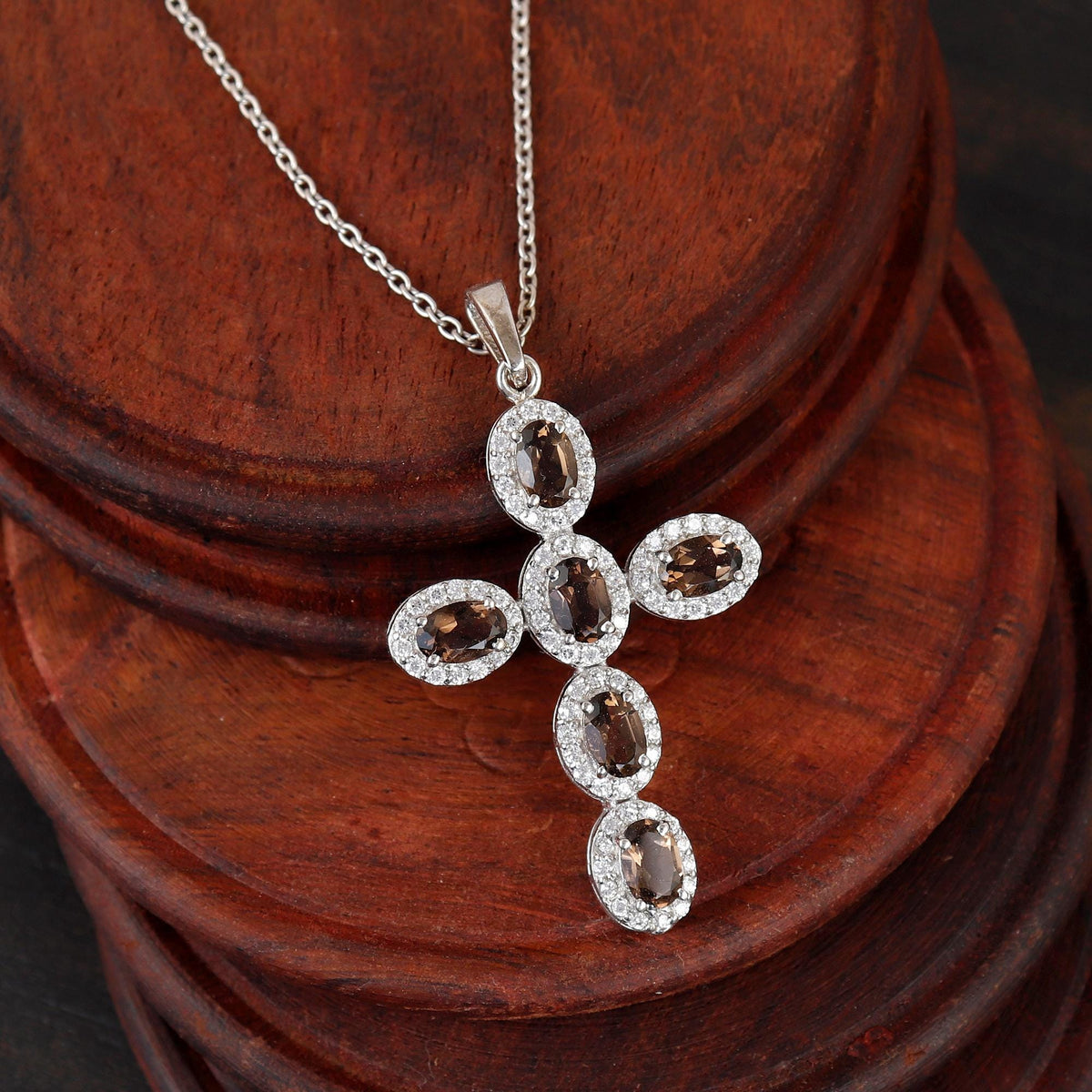 Smoky Quartz Handmade Necklace Silver Holy Cross Jewelry