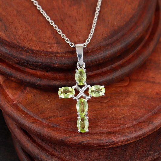 Natural Peridot Cross Necklace: Sterling Silver Holy Cross Pendant Christmas Gifts