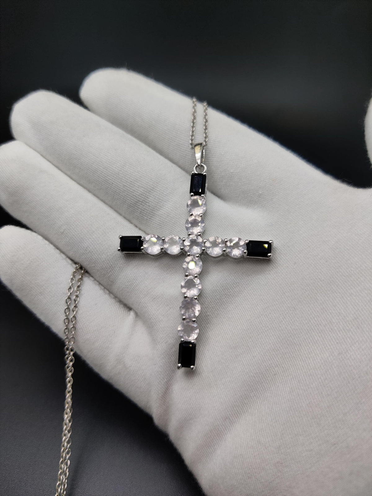 Rose Quartz & Black Onyx Cross Pendant, Handmade Sterling Silver Holy Cross, Christmas Jewelry