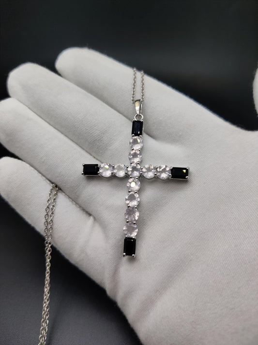 Rose Quartz & Black Onyx Cross Pendant, Handmade Sterling Silver Holy Cross, Christmas Jewelry