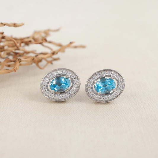 Oval Swiss Blue Topaz Sterling Silver Earrings, CZ Diamond Halo