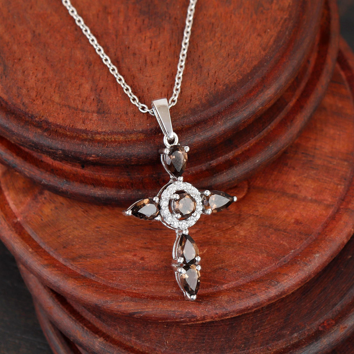 Smoky Quartz Cross Pendant: Sterling Silver Christmas Gift Holy Cross Necklace