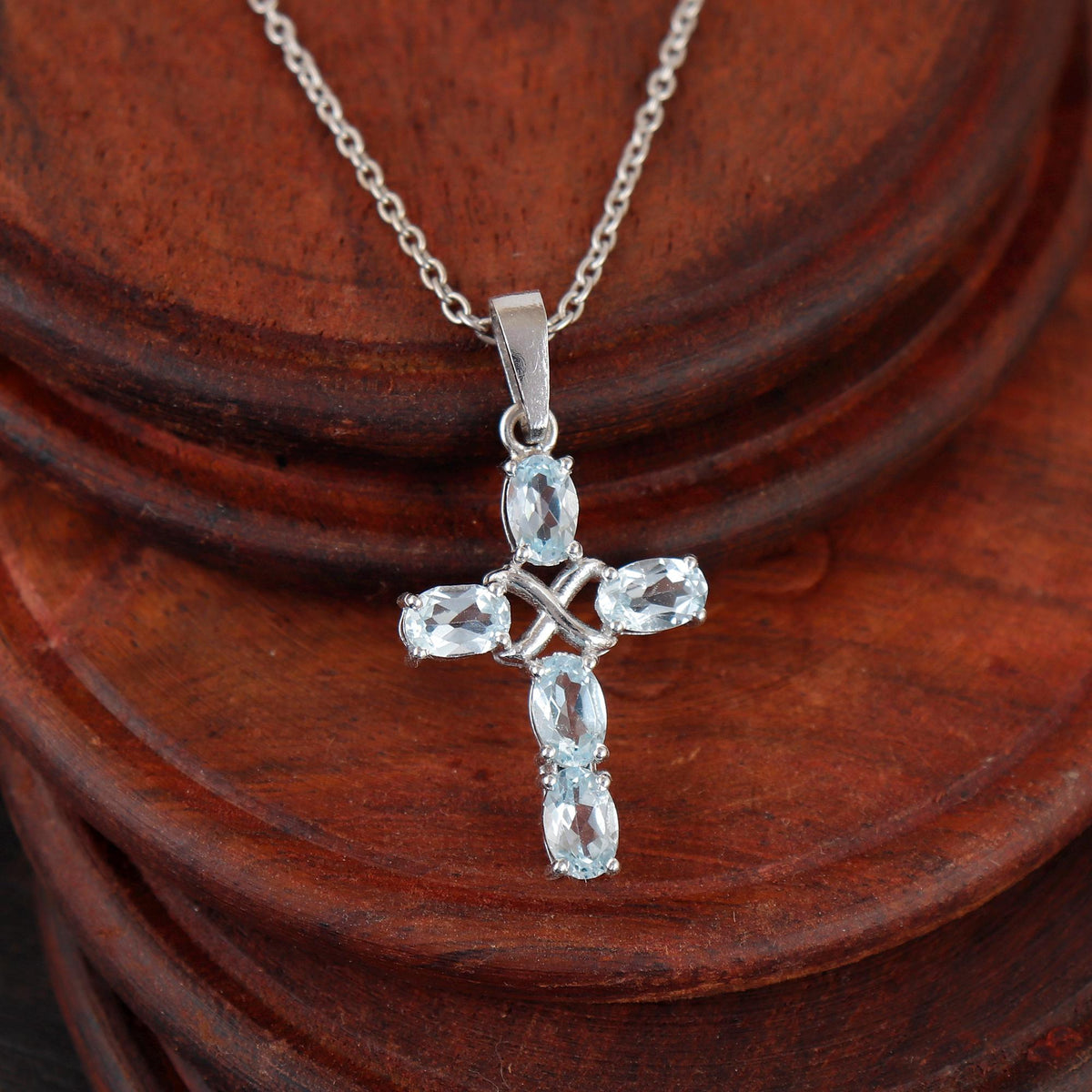 Holy Cross Blue Topaz Pendant Necklace: Sterling Silver Cross Christmas Gift Her