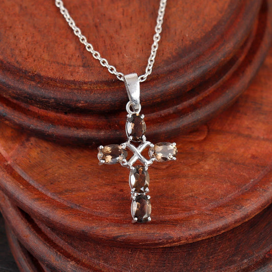 Smoky Quartz Cross Pendant: Sterling Silver Holy Cross Necklace Christmas Jewelry