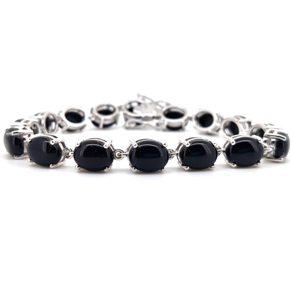Natural Black Onyx Oval Cabochon Tennis Bracelet, 925 Sterling Silver, Minimalist Stacking Jewelry