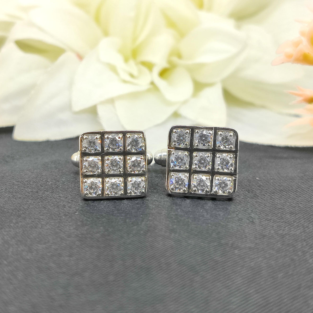 Sterling Silver Cubic Zirconia Cufflinks, Men's Square Cut Wedding Jewelry