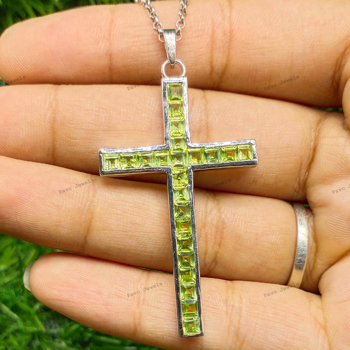 Peridot Cross Pendant: Square August Birthstone, 925 Sterling Silver
