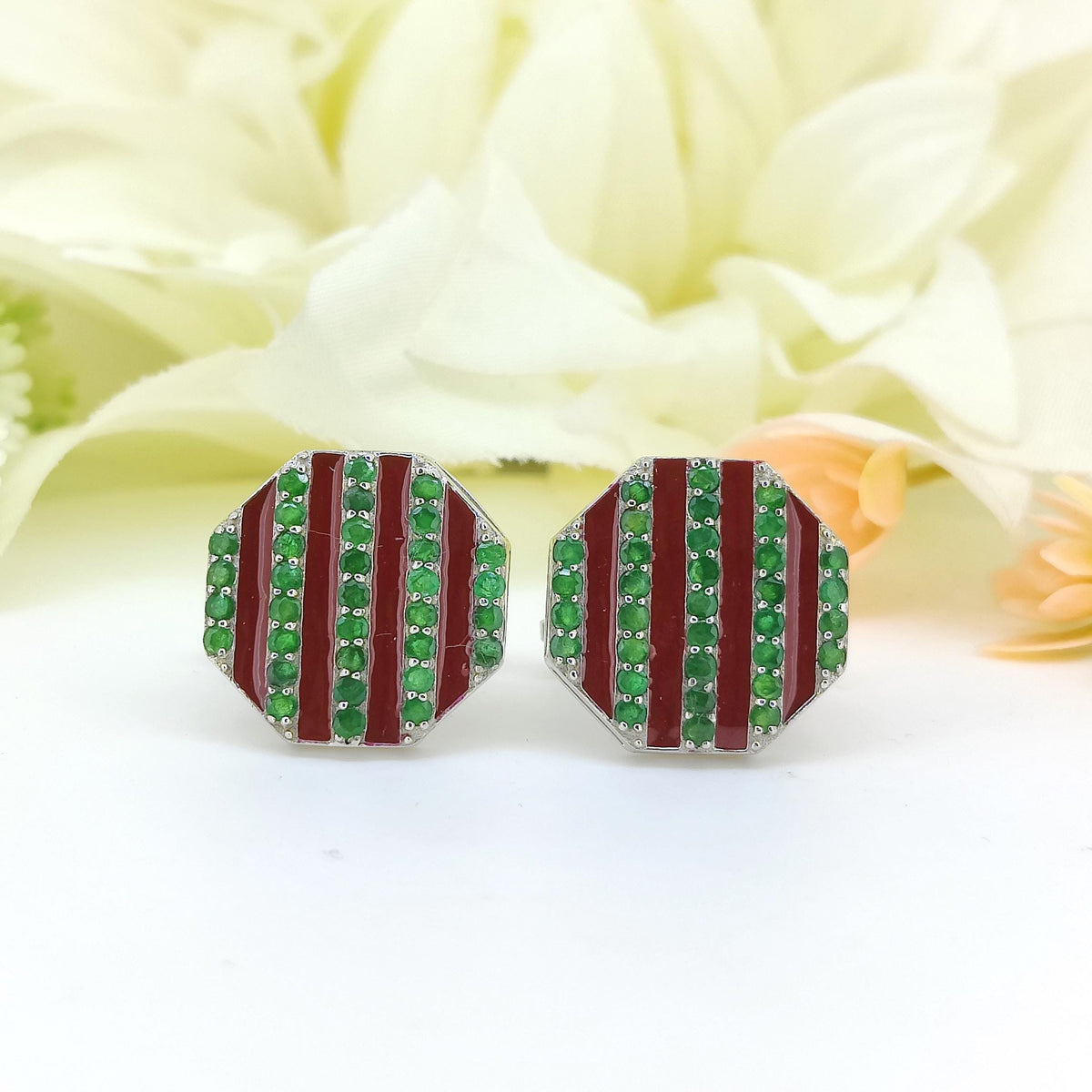 Natural Emerald Enamel Cufflinks-925 Sterling Silver-Gemstone Cufflinks-May Birthstone Jewelry-Anniversary Gifts-Minimalist Cufflinks