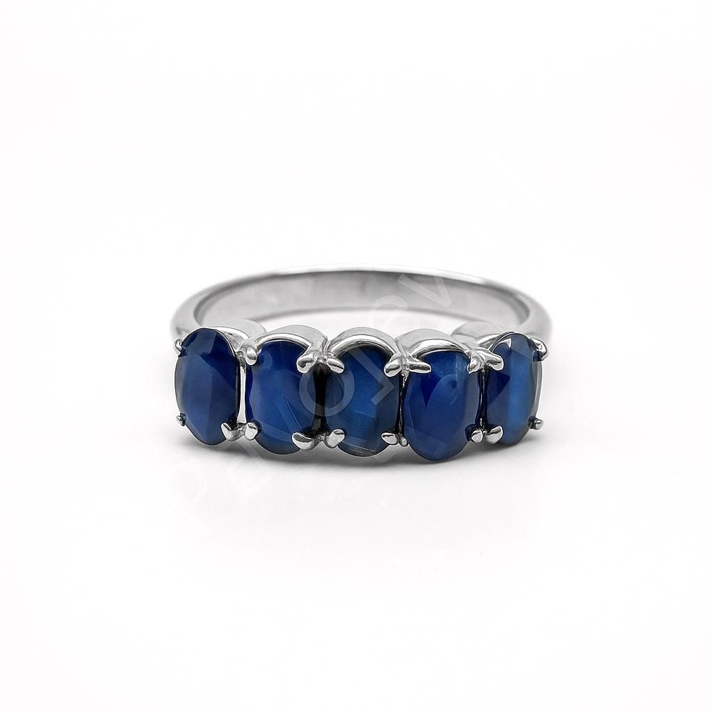 Blue Sapphire Half Eternity Sterling Silver Ring: Handmade Eternity Gemstone, Christmas