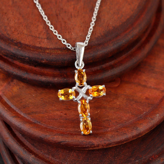 Citrine Cross Pendant: Sterling Silver Holy Cross Necklace For Christmas Gifts