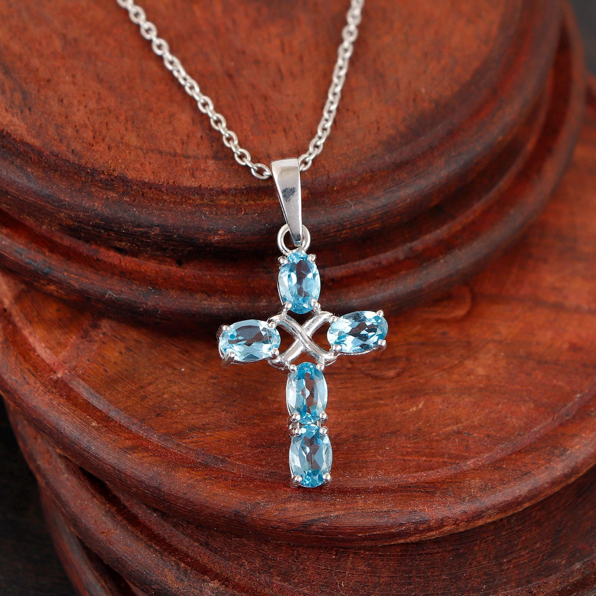 Blue Topaz Cross Pendant: Sterling Silver Holy Cross December Birthstone Christmas Jewelry