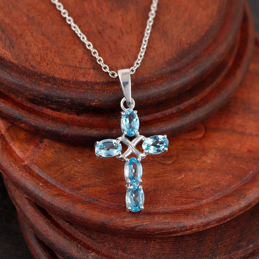 Blue Topaz Cross Pendant: Sterling Silver Holy Cross December Birthstone Christmas Jewelry
