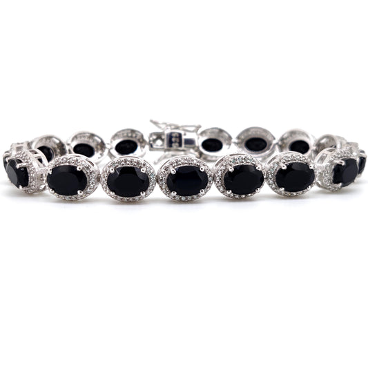 Black Onyx Oval Gemstone Tennis Bracelet, Sterling Silver, December Birthstone, Anniversary Gift