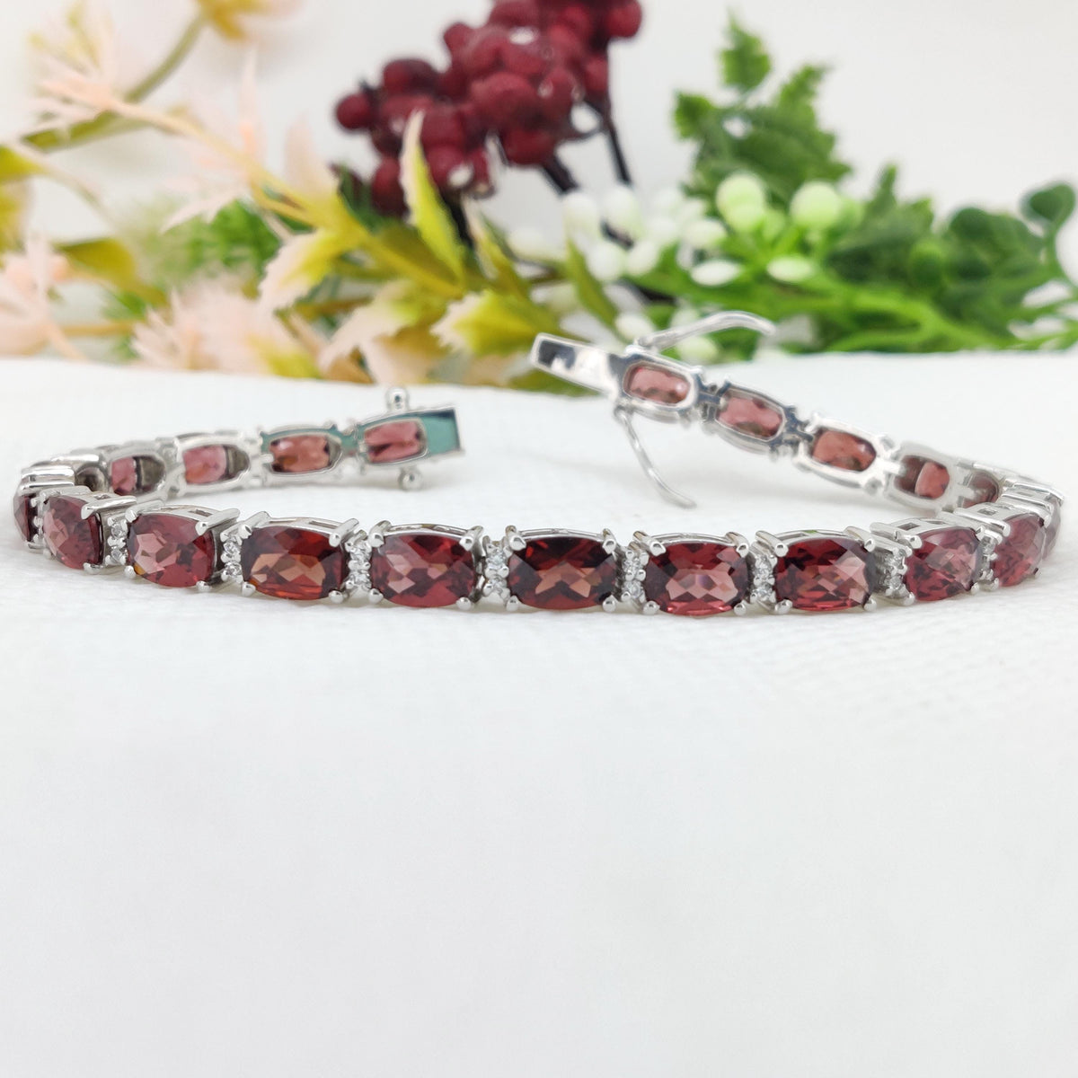 Garnet Tennis Bracelet, 925 Sterling Silver Cushion Cut Gemstone