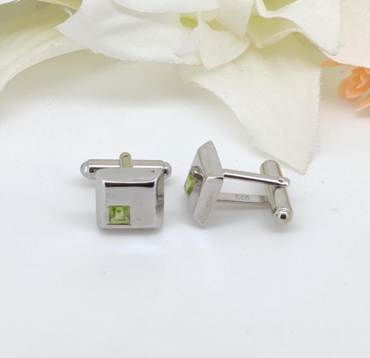 Peridot Cufflinks- Sterling Silver Handmade Square Gemstone, August Birthstone