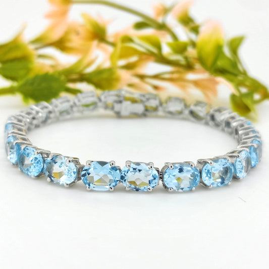 Natural Blue Topaz Bracelet-925 Sterling Silver-Oval Gemstone Tennis Bracelet-Blue Topaz Jewelry-December Birthstone Jewelry-Birthday Gift