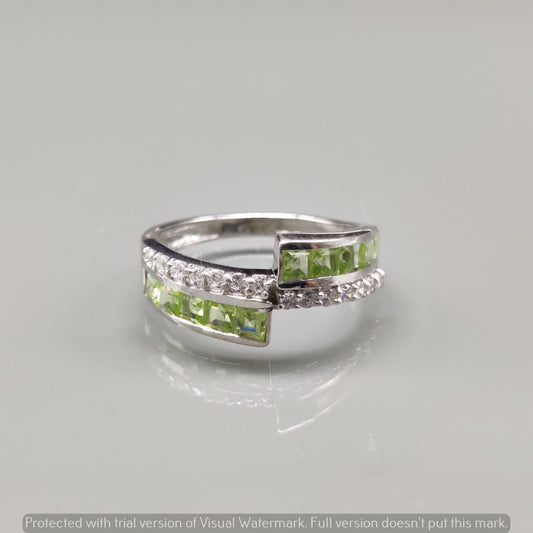 Square Cut Ring, Peridot Vintage Style Sterling Silver Band, Modern Bypass Gemstone, Christmas