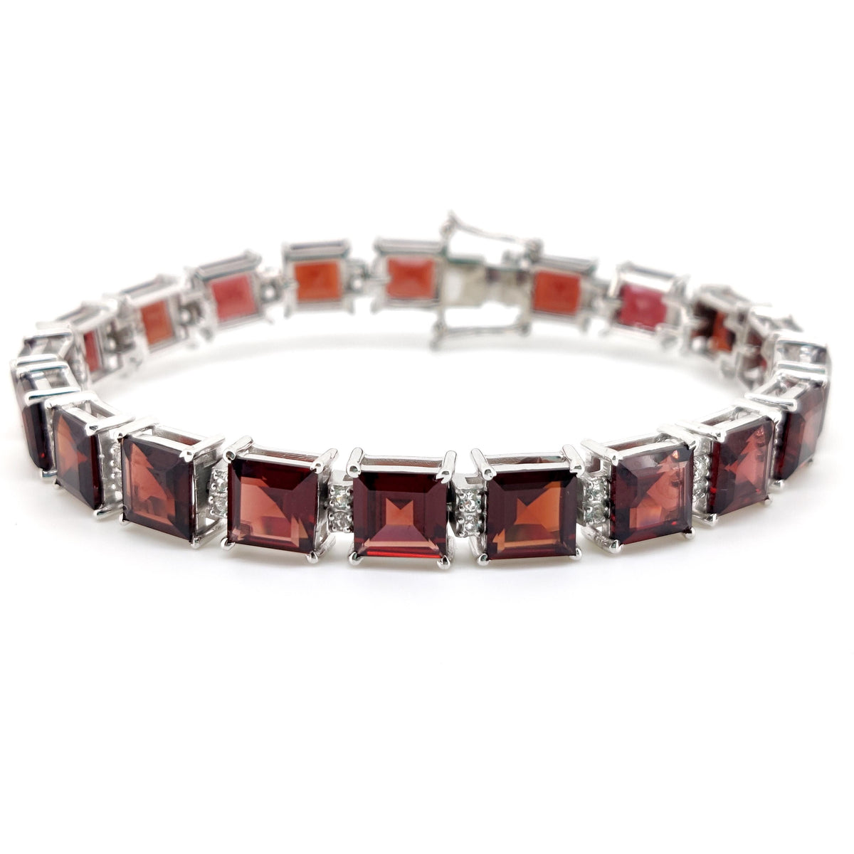 Natural Garnet Tennis Bracelet, Sterling Silver, January Birthstone, Square Cut Red Gemstone