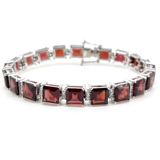 Natural Garnet Tennis Bracelet, Sterling Silver, January Birthstone, Square Cut Red Gemstone