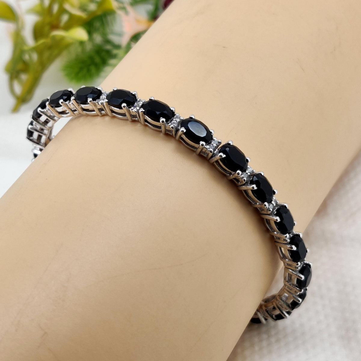 Black Onyx Tennis Bracelet: Oval Gemstone, 925 Sterling Silver Handmade