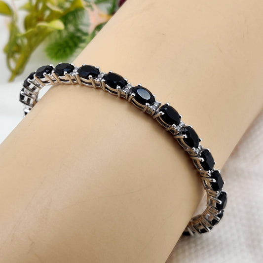 Black Onyx Tennis Bracelet: Oval Gemstone, 925 Sterling Silver Handmade