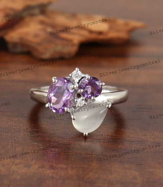 Sterling Silver Amethyst and Moonstone Ring, Cluster Ring