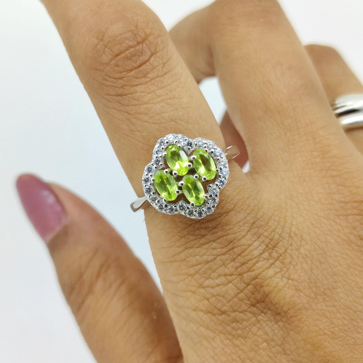 Peridot Cluster Ring: Oval Green Gemstone, Sterling Silver, August Birthstone