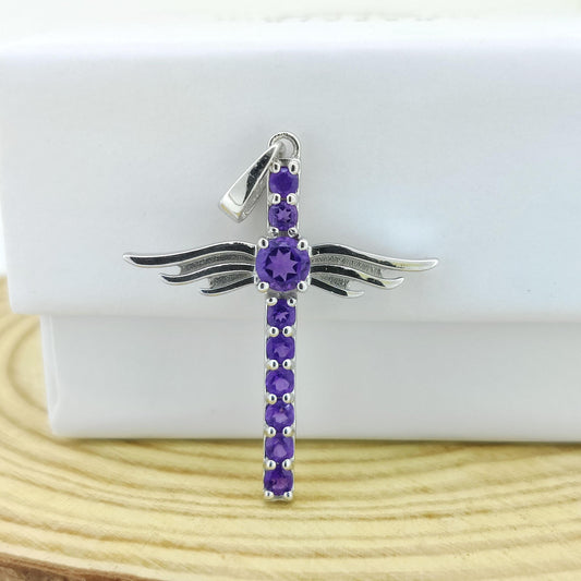 Natural Amethyst Cross Pendant-925 Sterling Silver Jewelry-February Birthstone-Gemstone Feather Pendant-Handmade Jewelry-Gift for Wedding