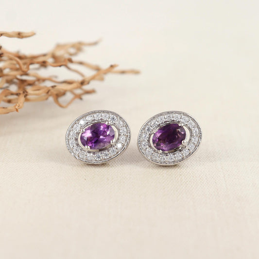 African Amethyst Sterling Silver Stud Earrings: CZ Diamond Halo